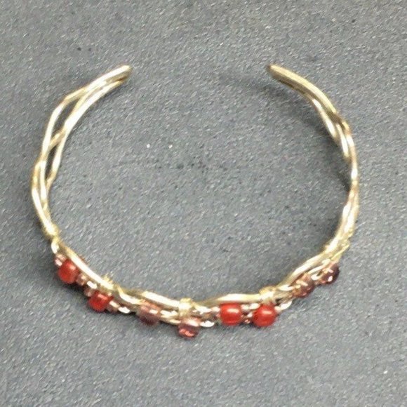 Woven Cuff Bracelet Silver Wire Red Amber Translucent Retro Boho Soft Girl - Picture 3 of 4